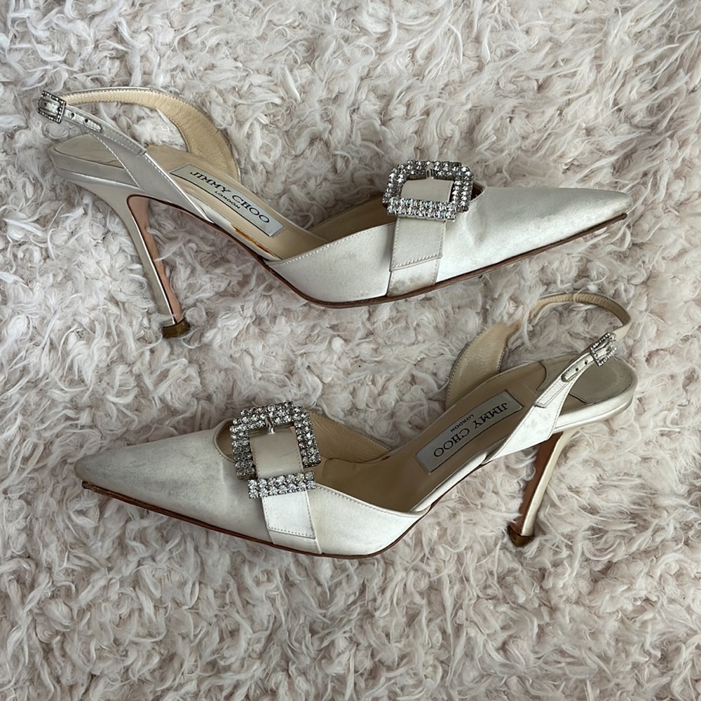 Vintage Archived AW 1996 Crystal Embellished Buckle Satin Slingback Heels